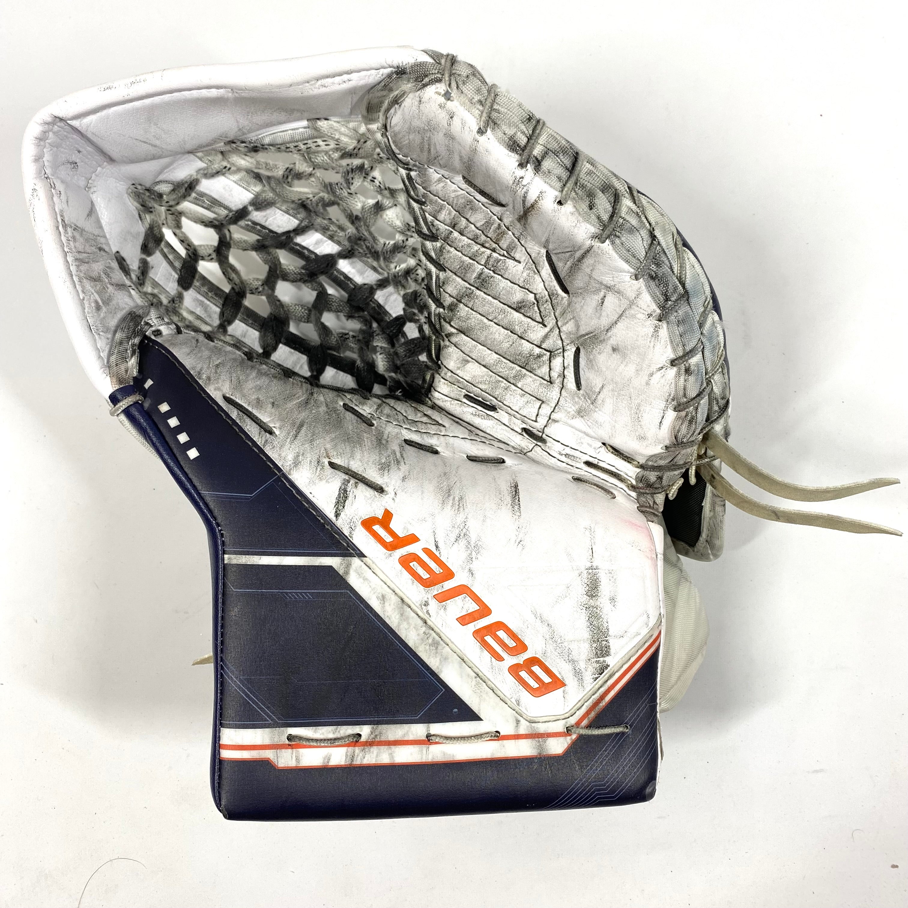Bauer Supreme Mach - Gant de gardien de but Pro Stock d'occasion (blanc/orange/bleu marine)